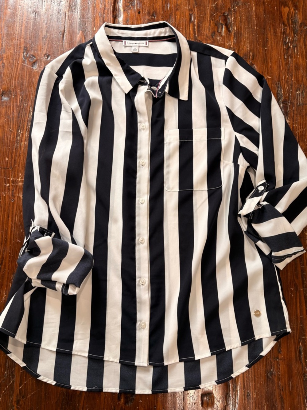 Tommy Hilfiger Black and White Striped Shirt with Signature Trim